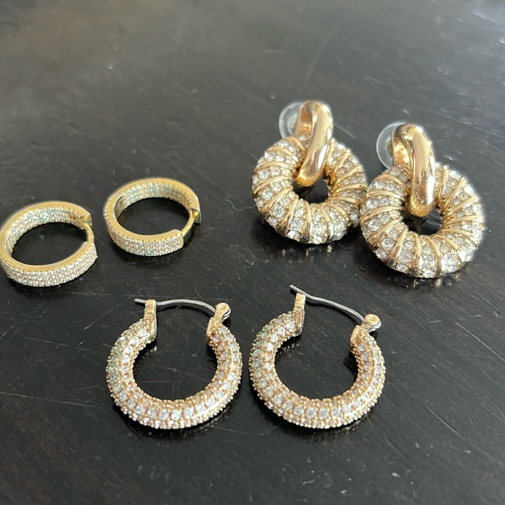 Set of 3 Pairs of Goldtone and Cubic Zirconia Earrings